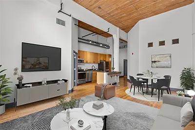 Open-concept living room and kitchen with island seating