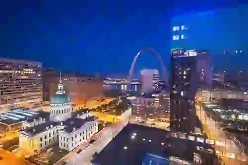 Nightime view of the St. Louis city skyline from Downtown Washington Avenue