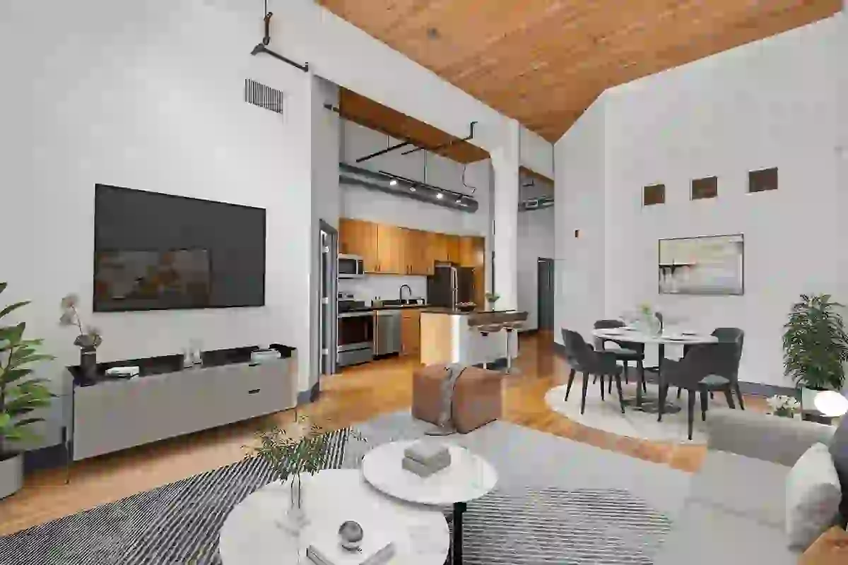 Open-concept living room and kitchen with island seating