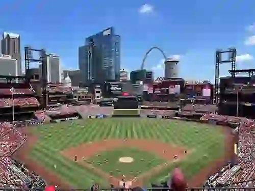 A wide shot of the field at Busch Stadium with the city skyline in the background