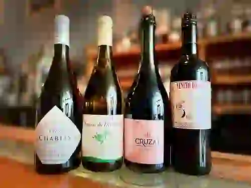 Close-up of wine bottles at 33 Wine Shop