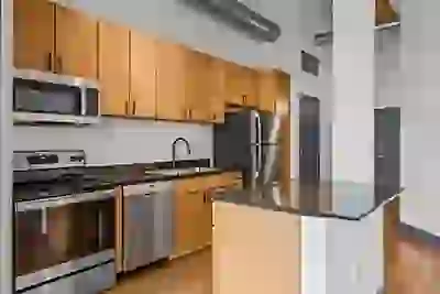 Lage, open kitchen with island and wood cabinetry, dark quartz countertops