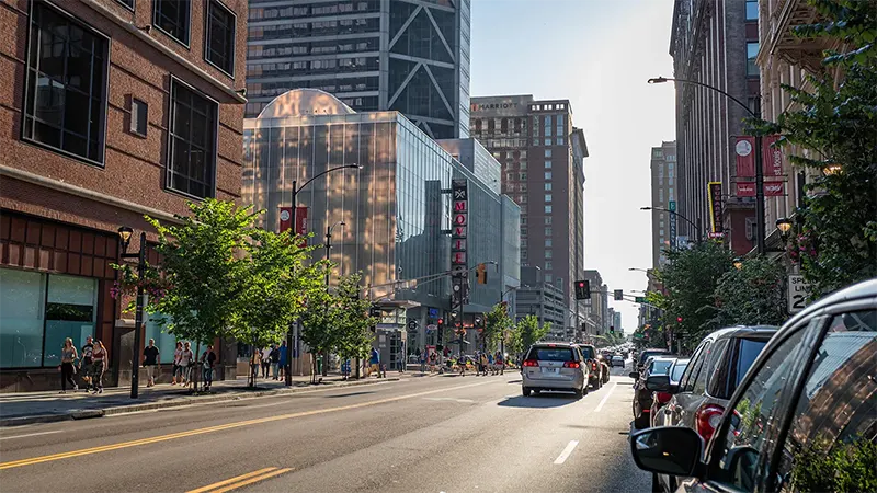 Exterior street life of Washington Avenue in Downtown West St. Louis, MO