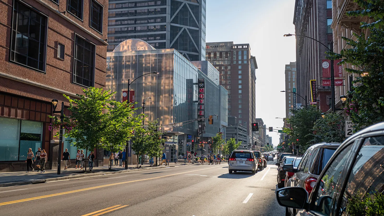 Exterior street life of Washington Avenue in Downtown West St. Louis, MO
