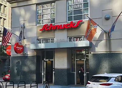 Exterior of main front entry and sign at Schnucks Downtown